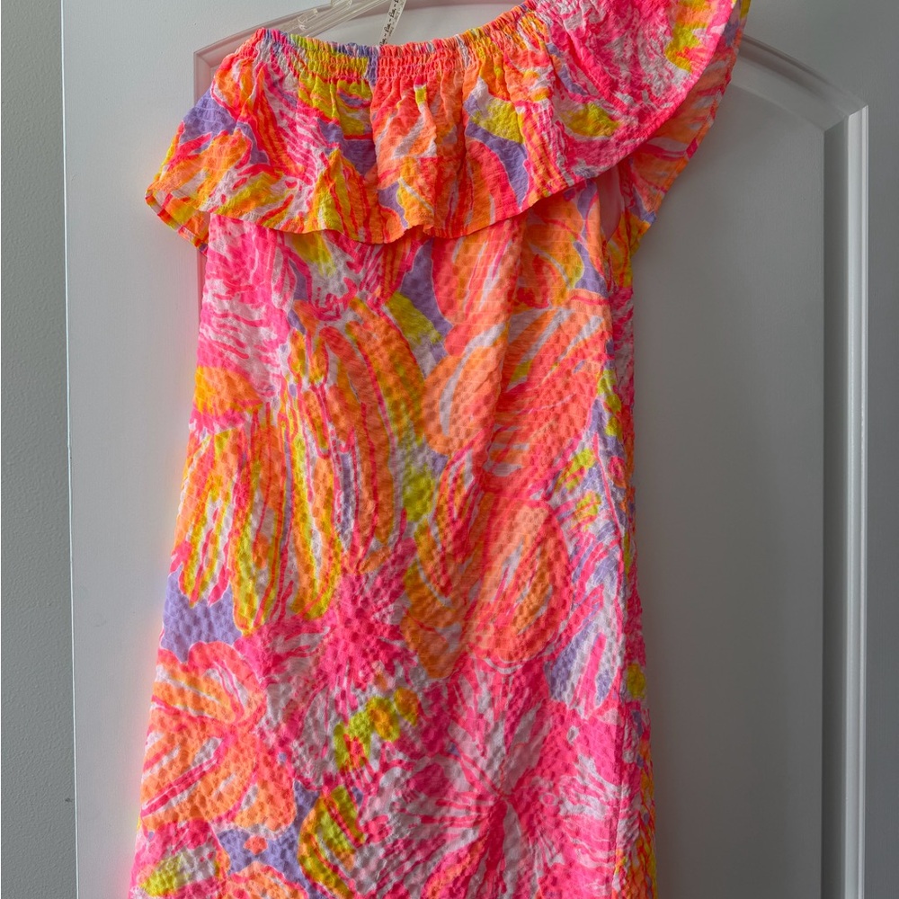 Lilly Pulitzer Neon Pink One-Shoulder Ruffle Dress with Multicolor Floral